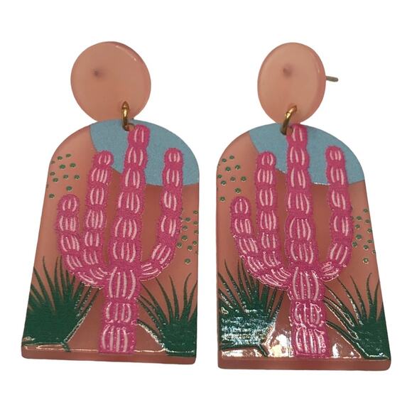 Prickly Pear Cactus Scene Post Dangle Earrings, Lightweight, Pink, Green,  Blue - Picture 3 of 5